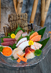 Various japanese fresh sashimi fish and seafood set