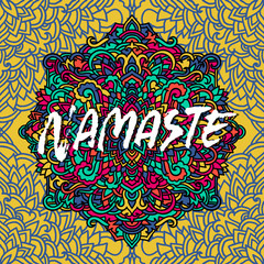 Namaste modern dry brush lettering on mandala pattern background. Yoga typography poster. Vector illustration.