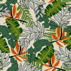 Trendy abstract seamless pattern with colorful tropical leaves and flowers on a pastel background. Jungle leaf seamless vector floral pattern background. Beautiful exotic plants. 
