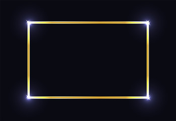 Gold shiny glowing vintage frame with shadows isolated on dark blue background. Golden luxury realistic rectangle border. Vector