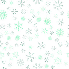 Snowflakes in different shapes and forms. Merry Christmas and New Year seamless vector pattern. Colorful background for Xmas.