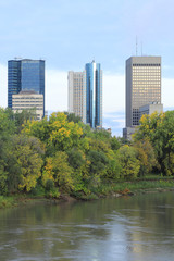 Fototapeta na wymiar Vertical of Winnipeg, Manitoba skyline in autumn