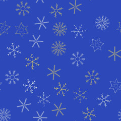 Snowflakes in different shapes and forms. Merry Christmas and New Year seamless vector pattern. Colorful background for Xmas.