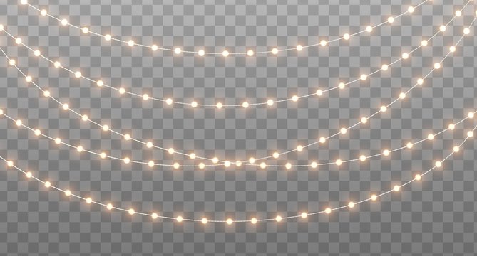 Christmas garland isolated on transparent background. Glowing yellow light bulbs with sparkles. Xmas, New Year, wedding or Birthday decor. Party event decoration. Winter holiday season element.