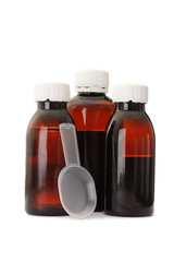Amber glass bottle of Brown mixture for relieves cough, text on white cap means This way to break seal and to open, isolated on white background, Clipping path.