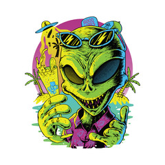 Alien Summer Graphic Design Illustration Vector Art T-shirt Design