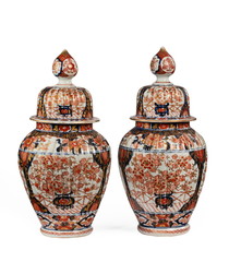 Vintage pair beautiful imari ceramic ginger jars isolated on white