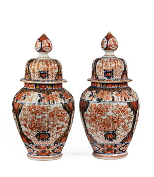 Vintage pair beautiful imari ceramic ginger jars isolated on white