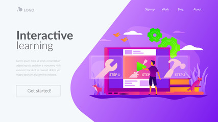 Education video, modern teaching tool, interactive learning and video tutorial concept. Website homepage interface UI template. Landing web page with infographic concept hero header image.
