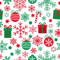 Christmas seamless pattern with cute red and green gifts, balls, stars and snowflakes isolated on white background. Simple retro style design for Holiday designs, wrapping paper, prints, scrapbooking