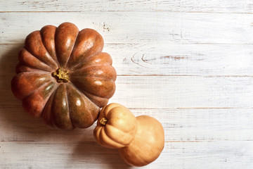 Whole fresh pumpkins of different shapes on a light wooden background.
