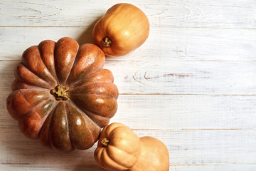 Whole fresh pumpkins of different shapes on a light wooden background.