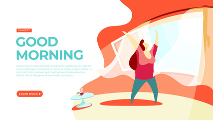 Young woman is stretching standing by the window.