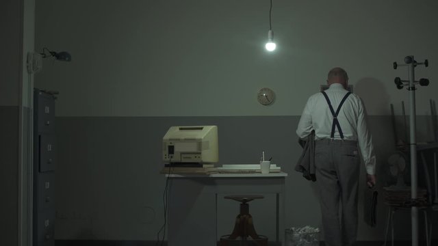 Sad office clerk arriving in his office