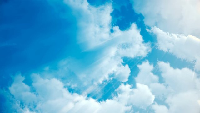 White clouds blue sky seamless loop. Cloudy weather timelapse. Beauty of color and light in summer. Abstract nature background fluffy, puffy cloudscape in air. High sunny cumulus in looping 3D render