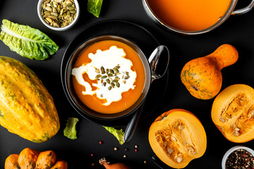 Pumpkin cream soup with milk. Close-up.