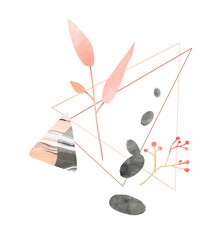 Pink leaf branch, triangle figure and pebble stones. Hand drawn illustration for wellness, spa and beauty salons, mindfulness practice. Balance and harmony concept.