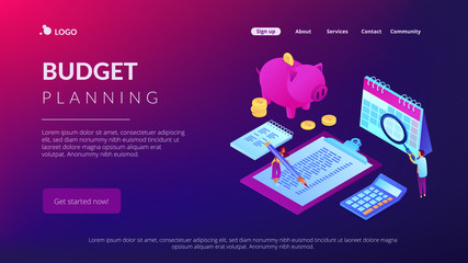 Business people doing financial calculations, calendar and piggy bank. Budget planning, balanced budget, company budget management concept. Isometric 3D website app landing web page template