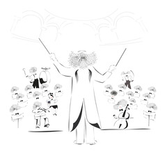 Conductor with an orchestra. Vector.