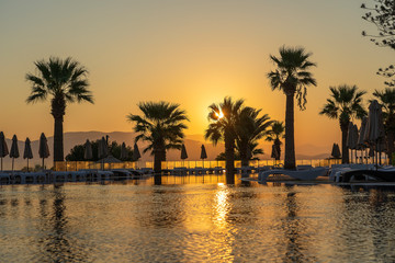 Obraz premium Magical sunrise with silhouette coconut palm tree and swimming pool in luxury hotel resort near sea. Beautiful morning seascape