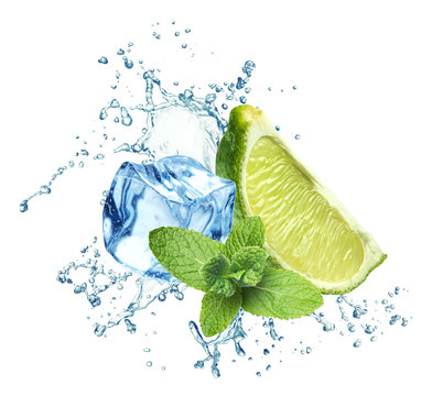 Ice cubes, mint leaves, water splash and lime on a white