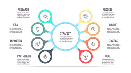 Business infographic. Organization chart with 8 options. Vector template.