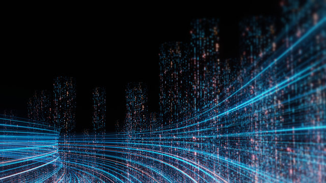 3D Rendering of abstract highway path through digital binary towers in city. Concept of big data, machine learning, artificial intelligence, hyper loop, virtual reality, high speed network. 