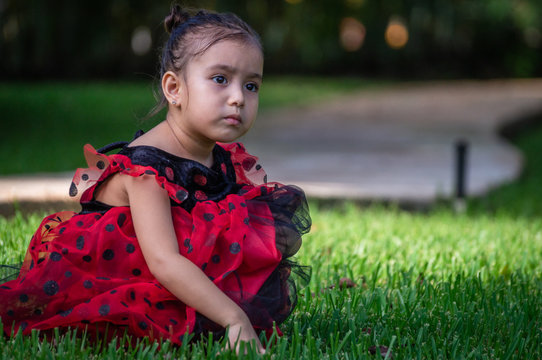 Pretty Three Year Old Girl In White Fur With Red And Black Dress Crouched On The Lawn Looking Tender With The Background Slightly Out Of Focus