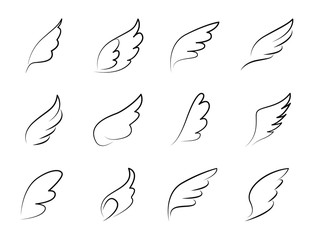 set of line wings icon, angel feather wing, wing tattoo silhouette, flying heaven vector icon, collection of wing.