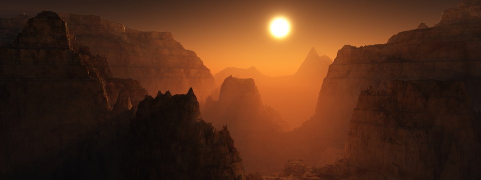 Canyon of Mars at sunset. Alien landscape. 3d rendering. © ustas