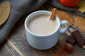 Hot chocolate with milk or cocoa in mug Warm autumn drink