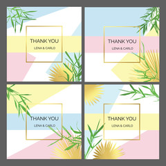 Thank you card templates set with green and golden exotic leaves in pastel colors