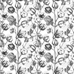 Seamless pattern with twigs, flowers and leaves of a cotton plant. Hand-drawn sketch botanical illustration. Engraving style. Black and white illustration.