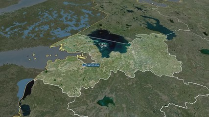 Leningrad - region of Russia (territory after annexation of Crimea in 2014) with its capital zoomed on the satellite map of the globe. Animation 3D