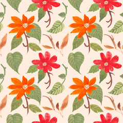 red and orange tropical flower watercolor seamless