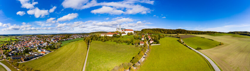 Fototapeta na wymiar Aerial view Benedictine Monastery, Neresheim Abbey, Neresheim, Baden-Wuerttemberg, Germany