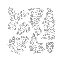 Hand drawn set of cute doodle fir trees. Vector illustration of different fir trees. Line art on white background.