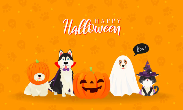 Happy Halloween Greeting Card Vector illustration. Cute cat and dogs in halloween pet costume
