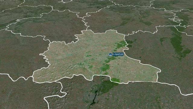 Lipetsk - region of Russia (territory after annexation of Crimea in 2014) with its capital zoomed on the satellite map of the globe. Animation 3D