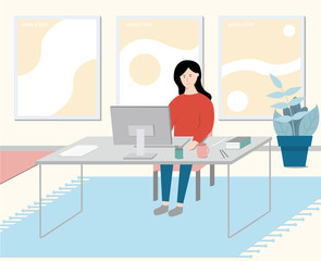 Woman using Computer in home office or studio. Room interior design. Workshop or engineer room, workspace for artist. Flat Cartoon Vector Illustration. Designer, Employees, Freelancer.