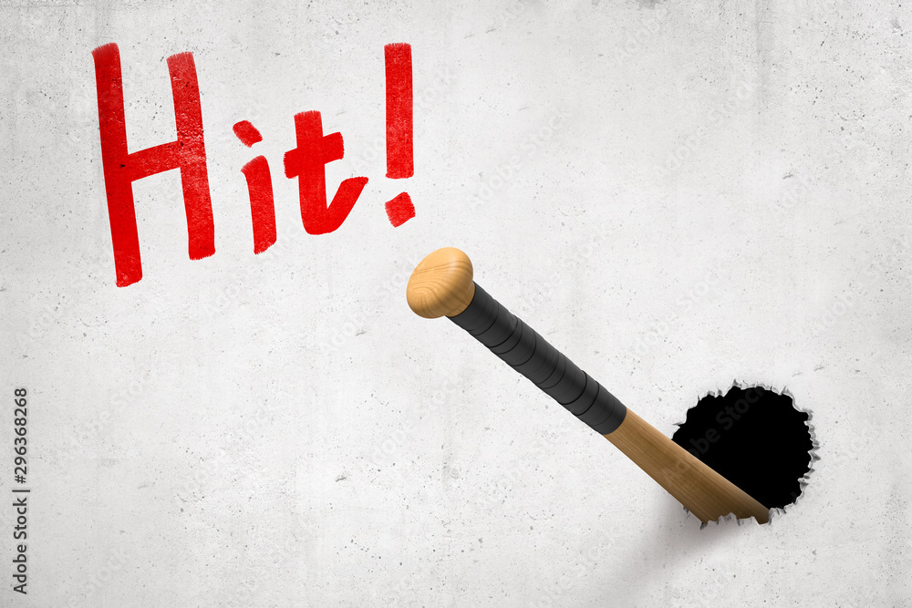 Poster 3d rendering of concrete wall with title 'hit' and baseball bat that has broken hole in the wall and