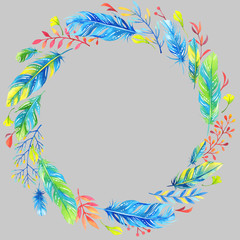 Fototapeta na wymiar Isolated watercolor floral wreath with blue and green feathers on grey background