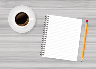 Notepad and pencil and coffe on white wood background. Vector stock illustration.