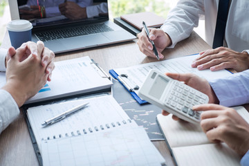 Business team discussion on meeting to planning investment trading project and strategy to investor of deal on a stock exchange with partner, financial and accounting concept, collaborative teamwork