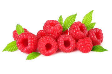 ripe raspberries with green leaves isolated on white background