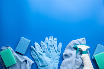 cleaning products household chemicals spray brush sponge glove - obrazy, fototapety, plakaty