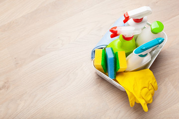 cleaning products household chemicals spray brush sponge glove