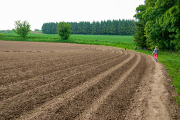 Family walking dog alonside a plowed field. Path curves to the left