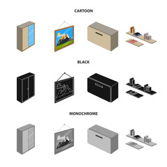 Vector illustration of bedroom and room icon. Collection of bedroom and furniture vector icon for stock.