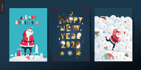 Merry Christmas and Happy New Year greeting cards set - modern flat vector concept illustrations of Santa Claus and Winter Holiday decoration and golden elements, snow and stars